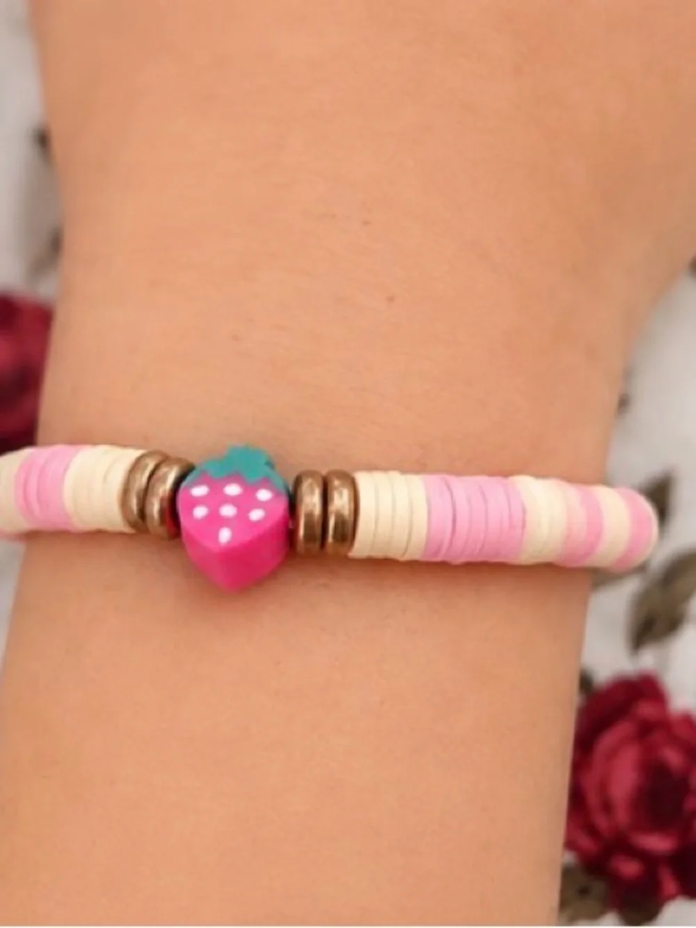 Kids Pink Strawberry Charm Bead Stretch Bracelet